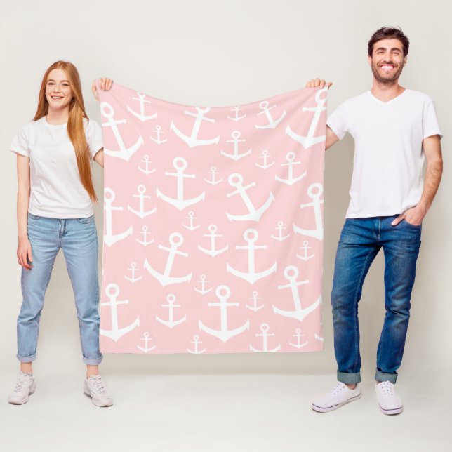 Nautical blush pink & white anchor pattern fleece blanket (In Situ)