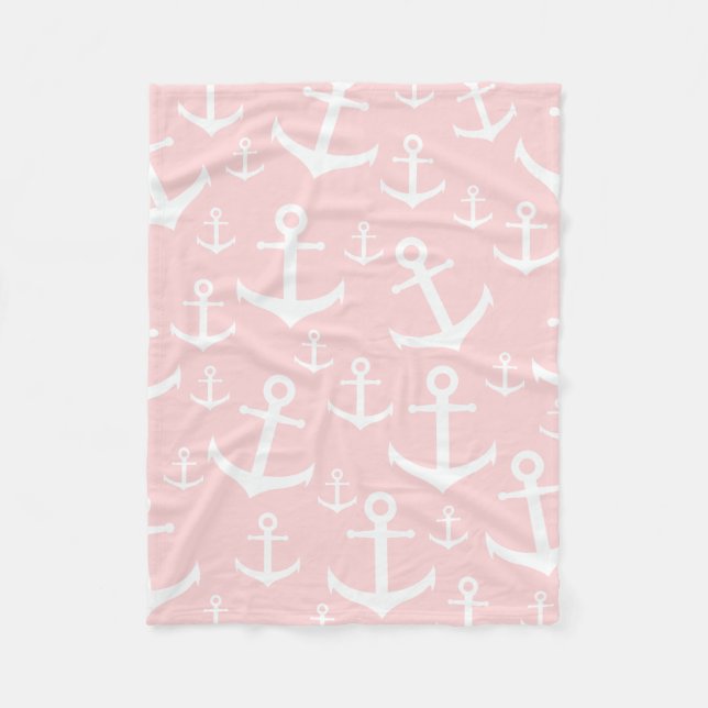 Nautical blush pink & white anchor pattern fleece blanket (Front)