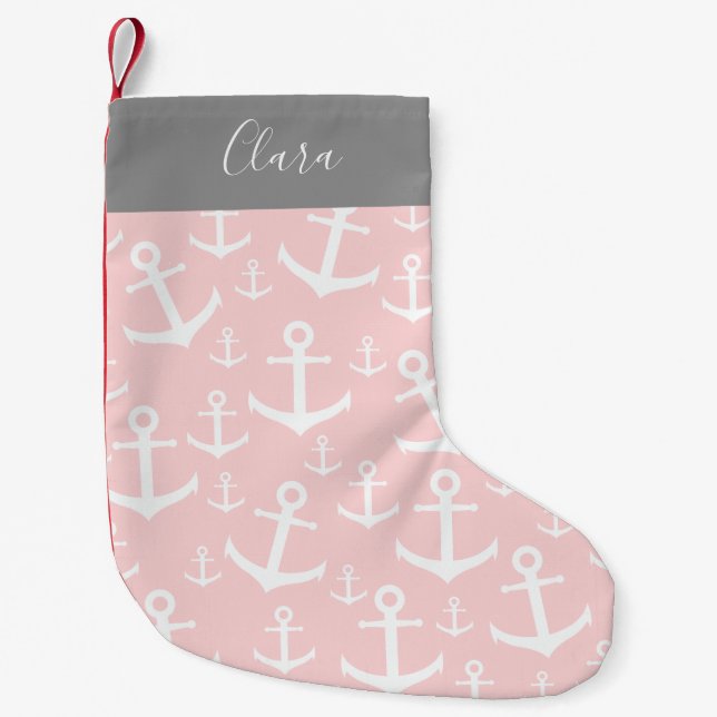 Nautical blush pink & white anchor pattern small christmas stocking (Front)