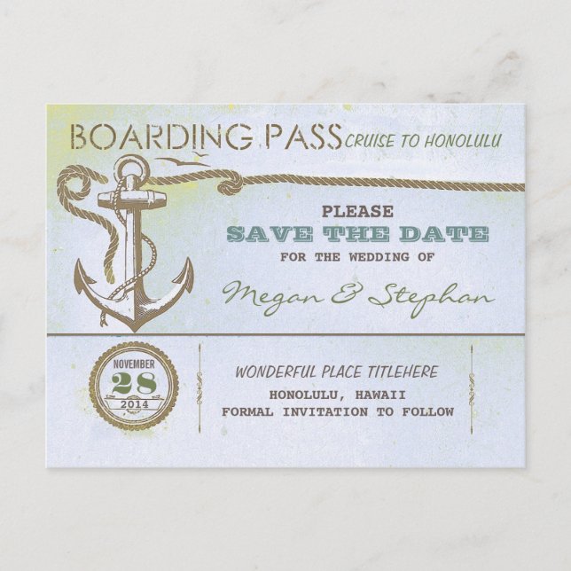 Nautical boarding pass save the date ticket announcement postcard (Front)