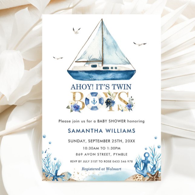 Nautical Boat Ahoy It's Twin Boys Baby Shower  Invitation (Creator Uploaded)