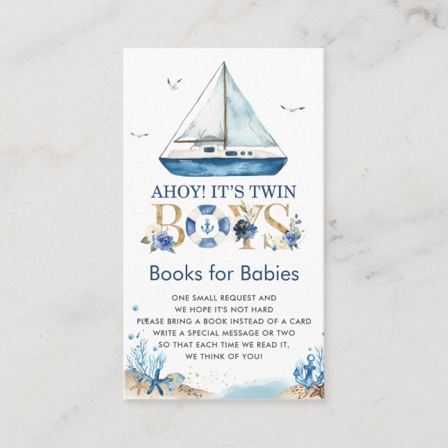 Nautical Boat Ahoy It's Twin Boys Books for Babies Enclosure Card (Front)