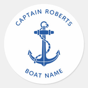 Nautical Boat Anchor Captain Crew Name Blue Custom Classic Round Sticker