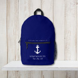 Nautical Boat Anchor Captains Navy Blue Printed Backpack<br><div class="desc">Navy blue nautical-themed backpack for keeping your boat items together featuring a classic white anchor,  your boat's name and location,  and an additional line of text for name of the captain or family.</div>