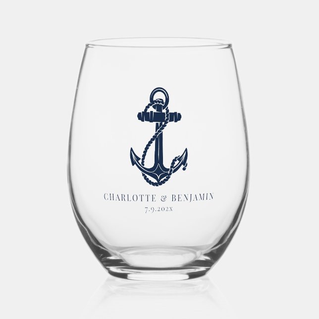 Nautical Boat Anchor Coastal Wedding Stemless Wine Glass (Front)