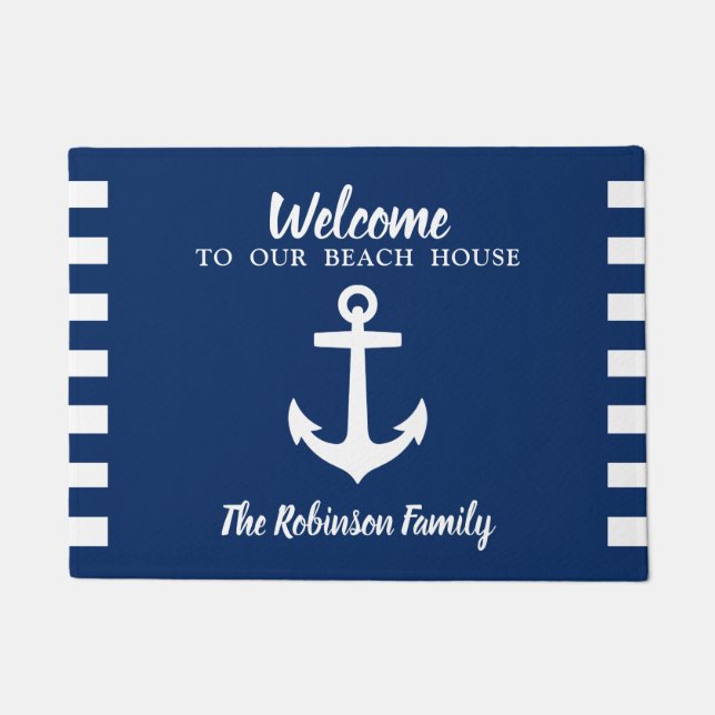 Nautical Boat Anchor Family Name Navy Beach House Doormat (Front)