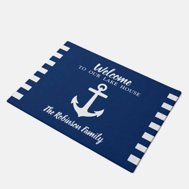 Nautical Boat Anchor Family Name Navy Lake House Doormat (Angled)