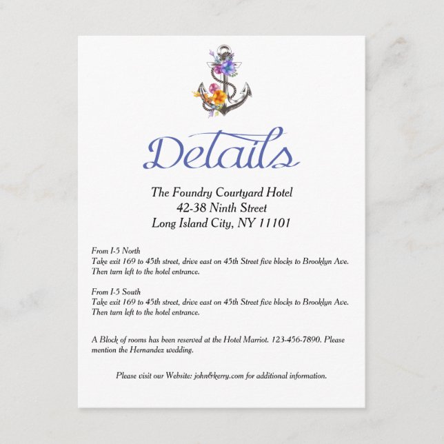Nautical Boat Anchor Floral Details Direction Enclosure Card (Front)