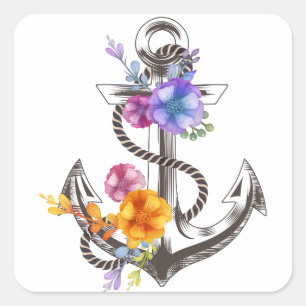 Nautical Boat Anchor Floral Square Sticker