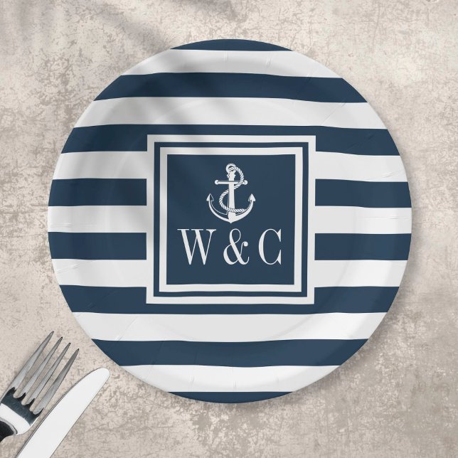 Nautical Boat Anchor Monogram Navy Blue Stripe Paper Plate (Creator Uploaded)