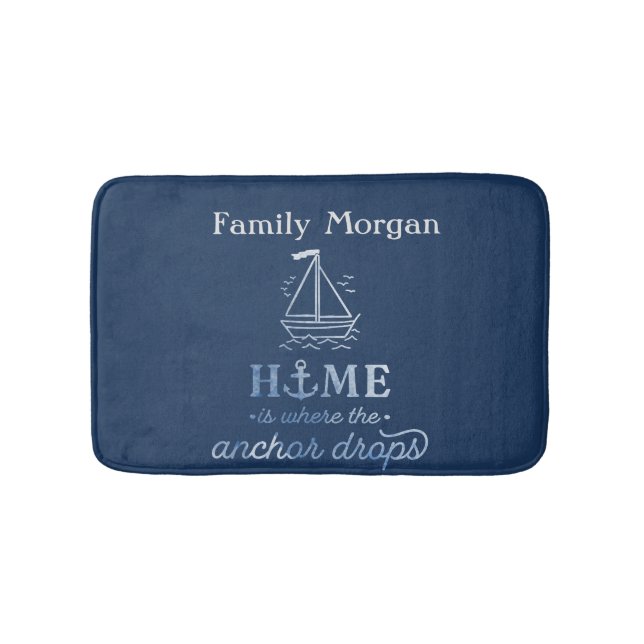 Nautical Boat Anchor Navy Blue Bath Mat (Front)