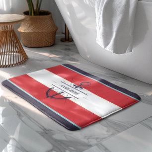 Nautical Boat Anchor Navy Blue Red White Bath Mat