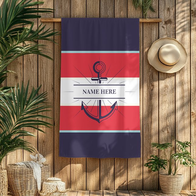 Nautical Boat Anchor Navy Blue Red White Beach Towel (Creator Uploaded)