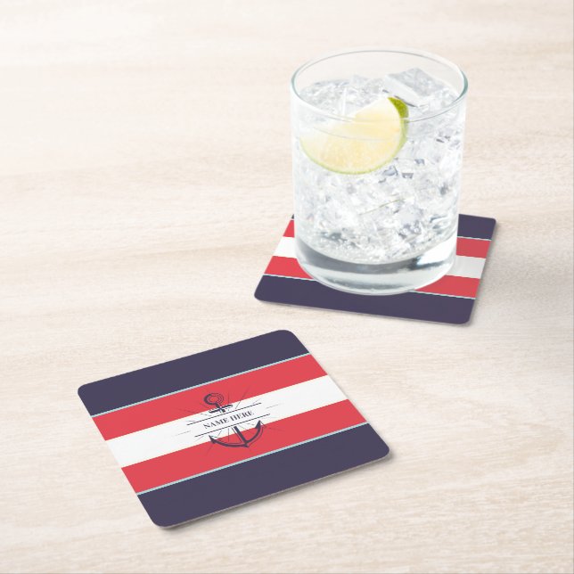 Nautical Boat Anchor Navy Blue Red White Square Paper Coaster (Insitu)