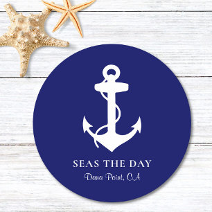 Nautical Boat Anchor Navy Blue Round Paper Coaster