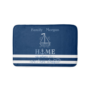 Nautical Boat Anchor Navy Blue Striped Bath Mat