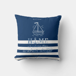 Nautical Boat Anchor Navy Blue Striped   Cushion