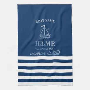 Nautical Boat Anchor Navy Blue Striped   Tea Towel