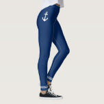 Nautical Boat Anchor Navy Blue White Stripes Leggings<br><div class="desc">Women's leggings featuring a custom designed nautical boat anchor with white ankle stripes on classic navy blue or easily customise to your favourite colour.</div>