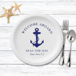 Nautical Boat Anchor Paper Plate<br><div class="desc">Modern nautical-themed paper plates for your boat that feature a navy blue illustration of an anchor,  and "Welcome Aboard" and your boat's name and location in elegant navy blue typography and script.</div>