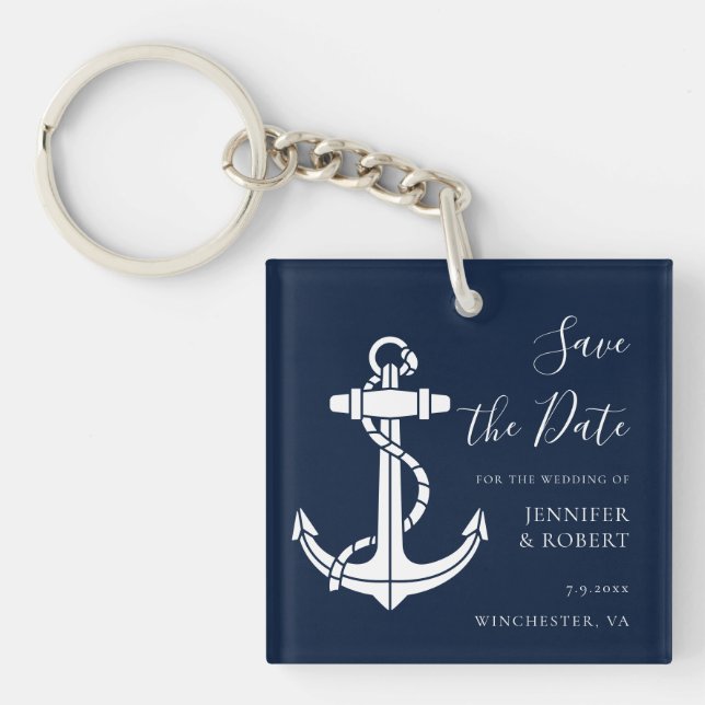 Nautical Boat Anchor Save the Date Wedding Key Ring (Front)