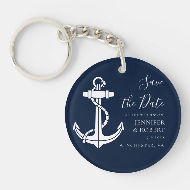 Nautical Boat Anchor Wedding Save the Date Key Ring (Front)