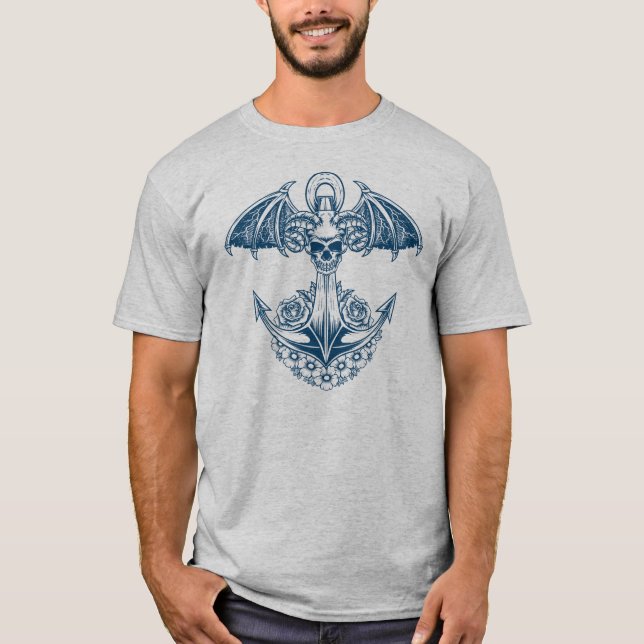 Nautical boat anchor with skull and flowers T-Shirt (Front)