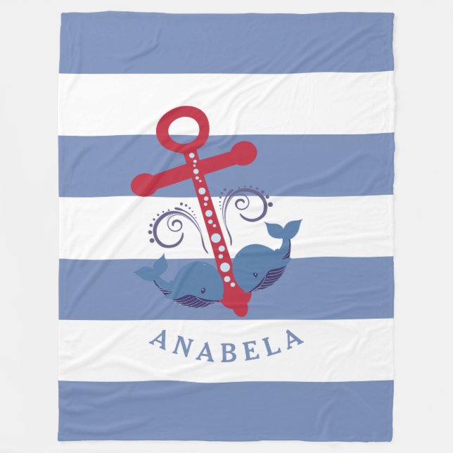 Nautical boat anchor with whales white stripes fleece blanket (Front)