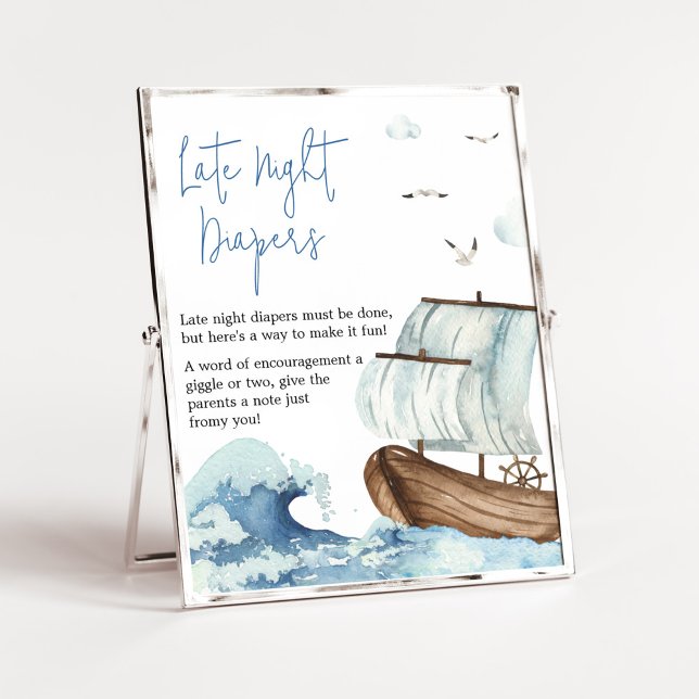 Nautical Boat Baby Shower Late Night Diapers Poster (Ahoy It's A Boy Baby Shower Late Night Diapers Sign)