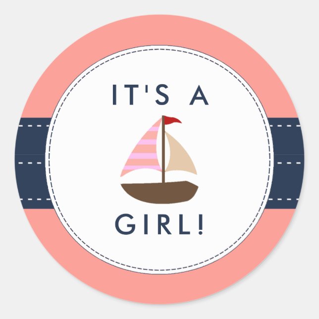 Nautical Boat Baby Shower Stickers- It's A Girl! Classic Round Sticker (Front)