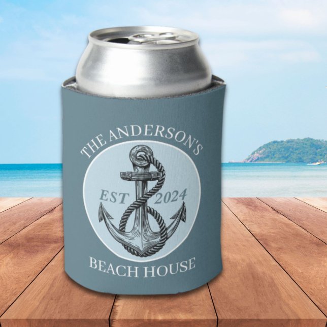 Nautical Boat Beach House Anchor Family Name Est  Can Cooler (Nautical Boat Beach House Anchor Family Name Est Can Cooler)