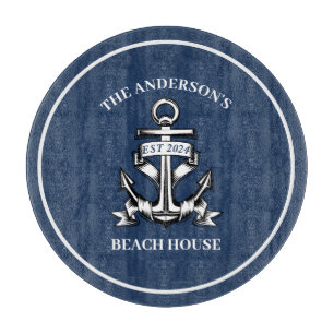 Nautical Boat Beach House Anchor Family Name Est  Cutting Board