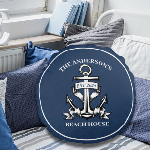 Nautical Boat Beach House Anchor Family Name Est Round Cushion