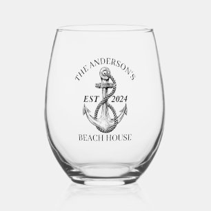 Nautical Boat Beach House Anchor Family Name Est Stemless Wine Glass