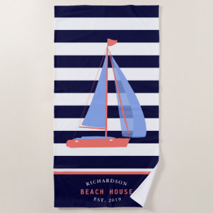 Nautical Boat Family Name Navy Blue Beach House Beach Towel