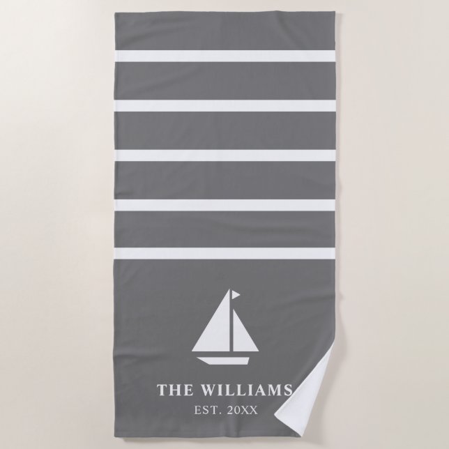 Nautical Boat Grey Striped Add Name Text Beach Towel (Front)