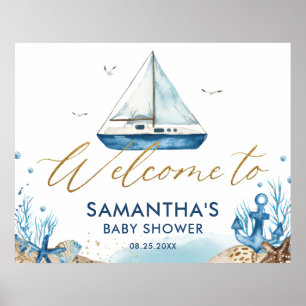 Nautical Boat Hampton Gold Baby Shower Welcome Poster