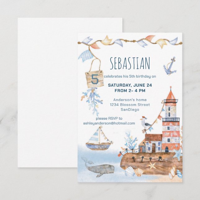 Nautical Boat Lighthouse Birthday Invitation (Front/Back)