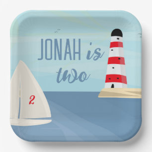 Nautical, boat, lighthouse, blue birthday paper plate