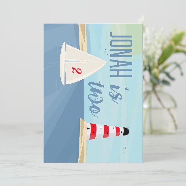 Nautical, boat, lighthouse, blue birthday party invitation (Standing Front)