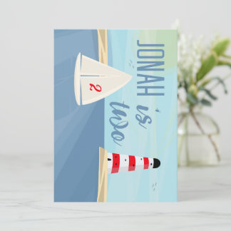 Nautical, boat, lighthouse, blue birthday party invitation