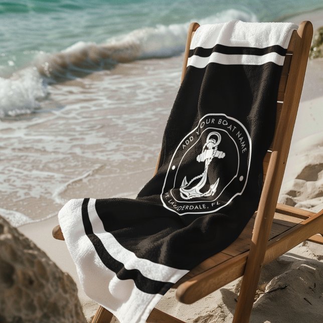 Nautical Boat Name Anchor Any Colour Custom Beach Towel (Nautical Anchor White and Black Beach Towel)