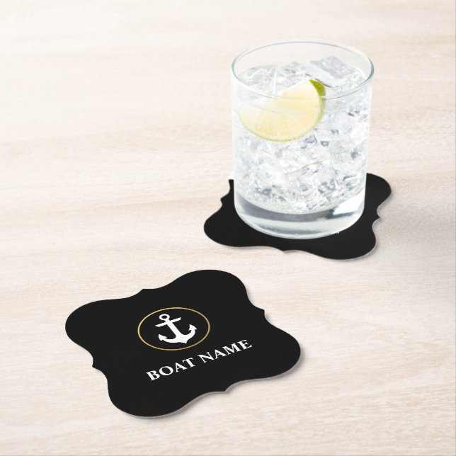 Nautical Boat Name Anchor Black Gold Paper Coaster (Insitu)
