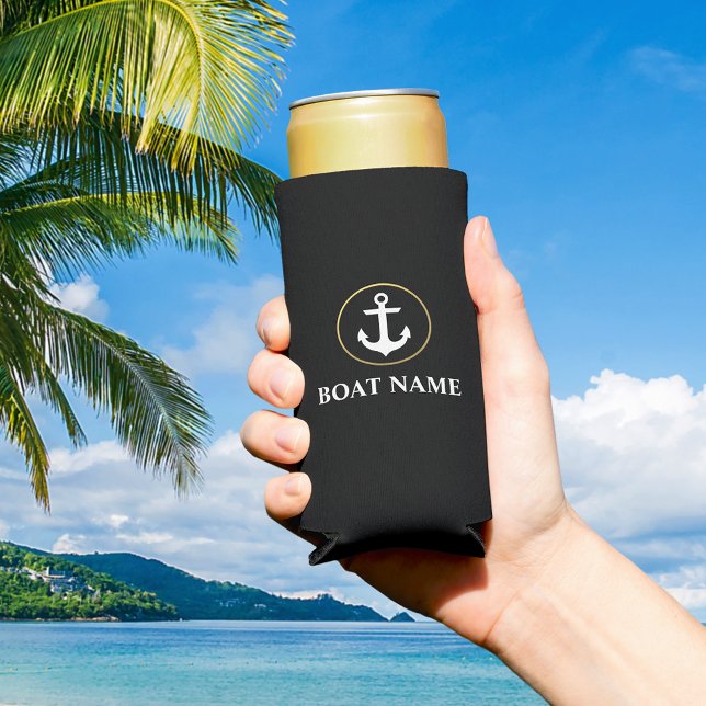 Nautical Boat Name Anchor Black Gold Seltzer Can Cooler (Customize to change text size or text style.)