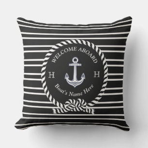 Nautical Boat Name Anchor Black White Welcome  Cushion
