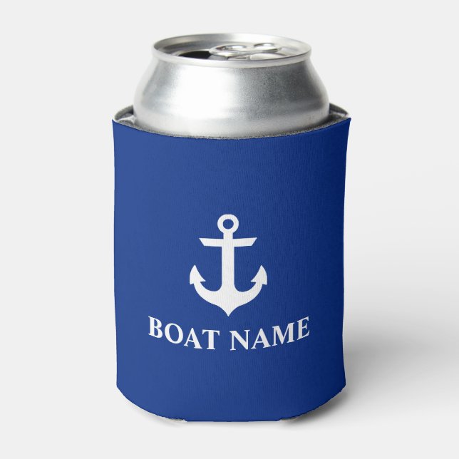 Nautical Boat Name Anchor Blue Can Cooler (Can Front)