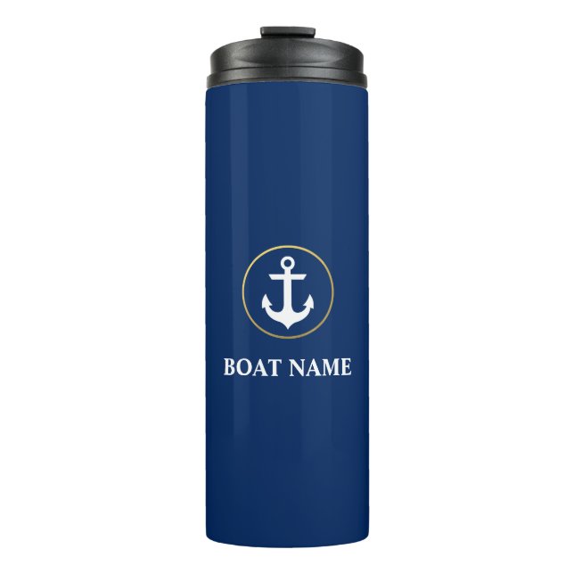 Nautical Boat Name Anchor Blue Gold Thermal Tumbler (Front)