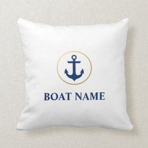 Nautical Boat Name Anchor Blue White Gold Cushion