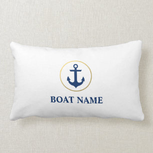 Nautical Boat Name Anchor Blue White Gold Lumbar Cushion