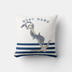 Nautical Boat Name,Anchor Dolphin Blue Striped Cushion